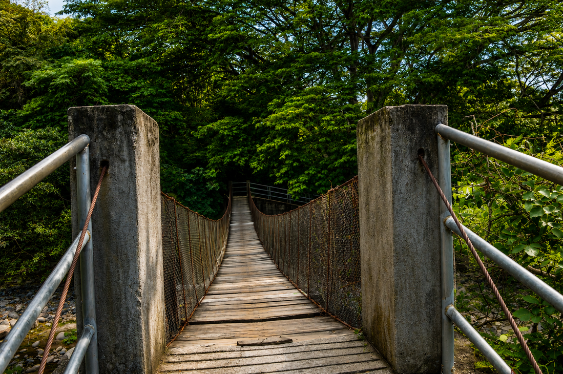 Puente de hamaca sobre un barranco con vista a las montañas