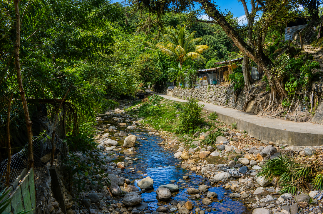 Vista lateral de un puente colgante sobre un barranco